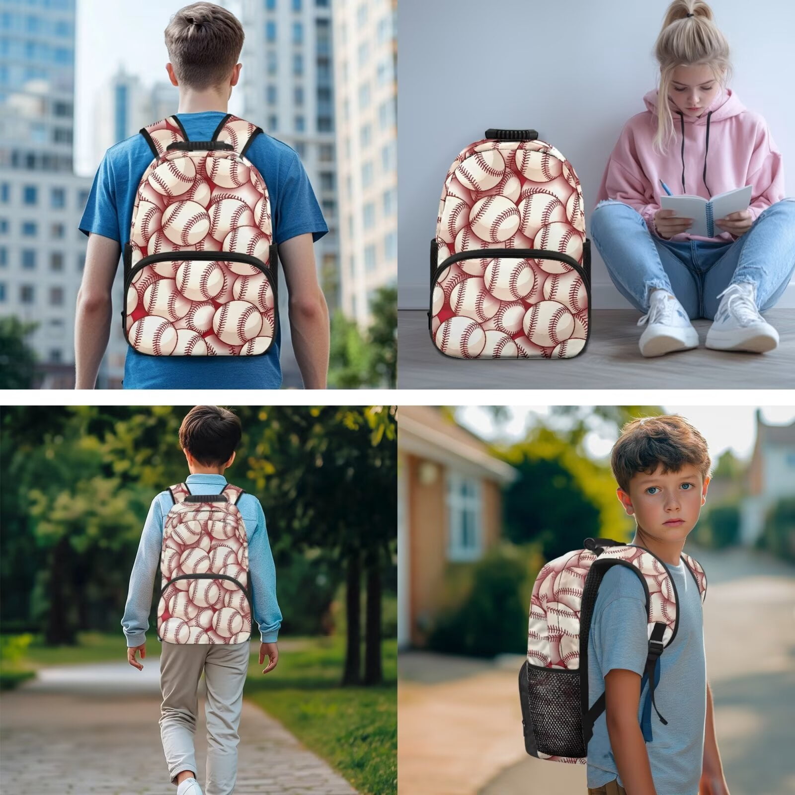 Pzuqiu Baseball Print Backpacks for School Boys 4 pcs with Lunch Bag Pencil Bag 2pcs Bookmark Set for Kids Large Travel Schoolbag for Boys 8-12 Camping Rucksack for Kids