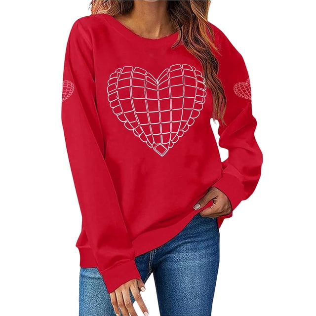 Wo-Fusoul Chandail en Molleton pour Femmes Saint-Valentin Imprimé Feuille Col Rond Manches Longues Décontracté Sportif Haut Rouge G
