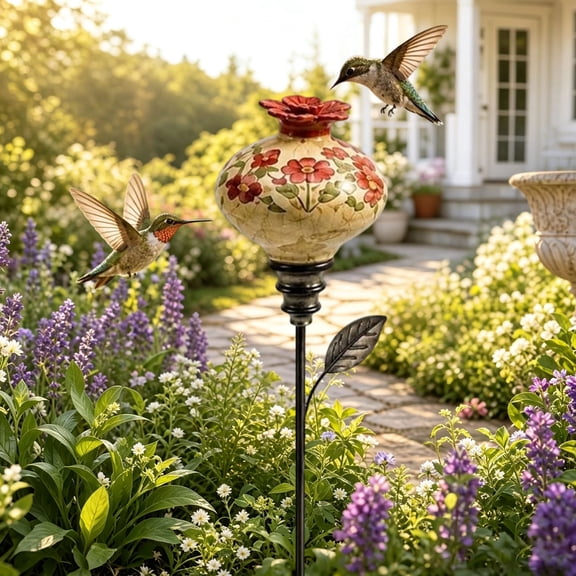 Vintage Ceramic Hummingbird Feeder Garden Stake, Hand-Painted Ceramic Bird Feeder with Ground Stake for Yard Patio Lawn, Attracts Hummingbirds, Durable Resin for Outdoor Use