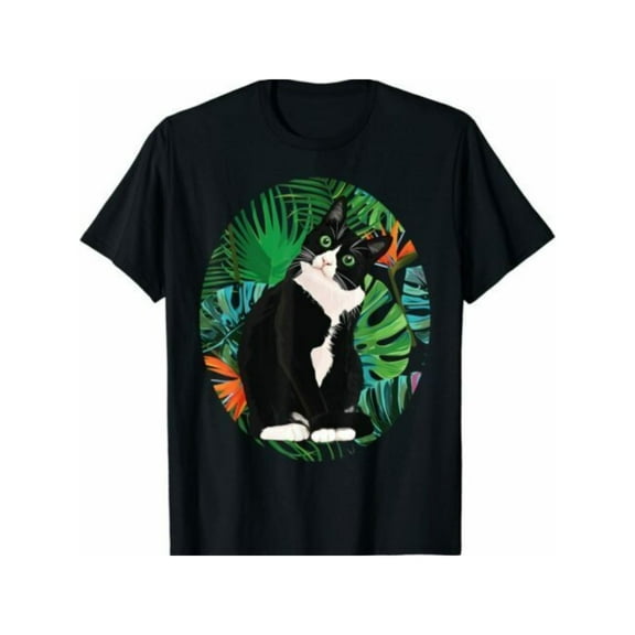 Men Cotton Tee Tropical Cat Graphic T-Shirt Fashion Casual Short Sleeve Round Neck Animal Lover Black S-5XL