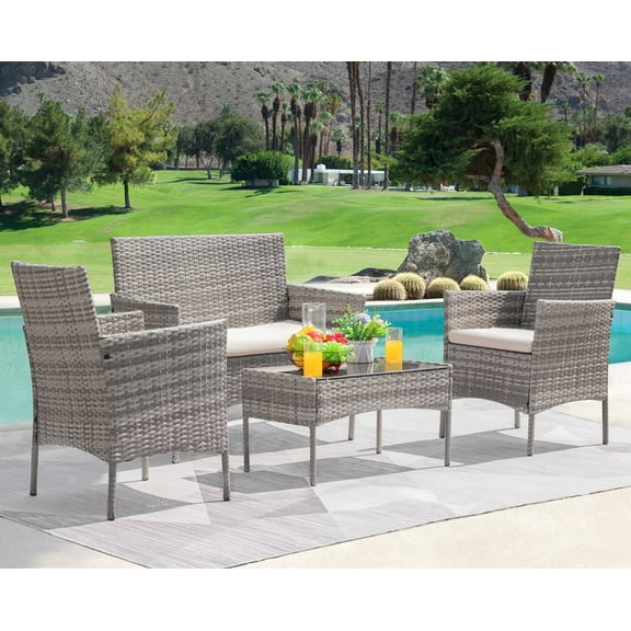 Devoko 4 Pieces Patio Conversation Set PE Rattan Wicker Chairs Outdoor Furniture Set, Gray/Beige