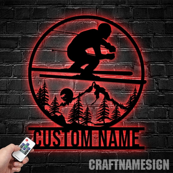 Craftnamesign Custom Skiing Metal Sign Led Lights, Custom Snowboarder Name Sign Home Decor