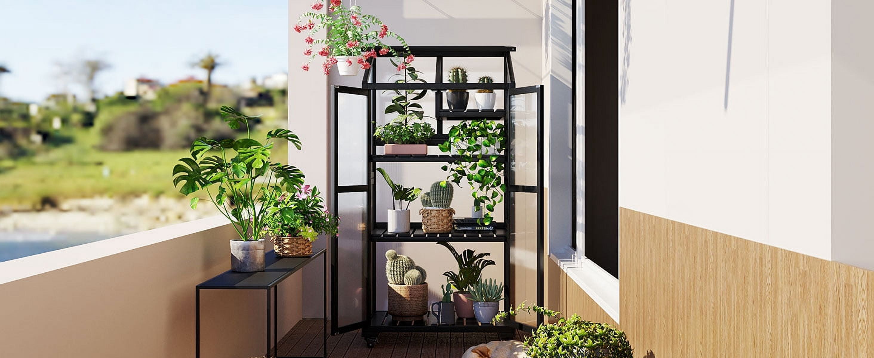 Yoneston 62inch Height Wood Large Greenhouse Balcony Portable Cold Frame with Wheels and Adjustable Shelves Plants House for Outdoor Indoor Use, Black