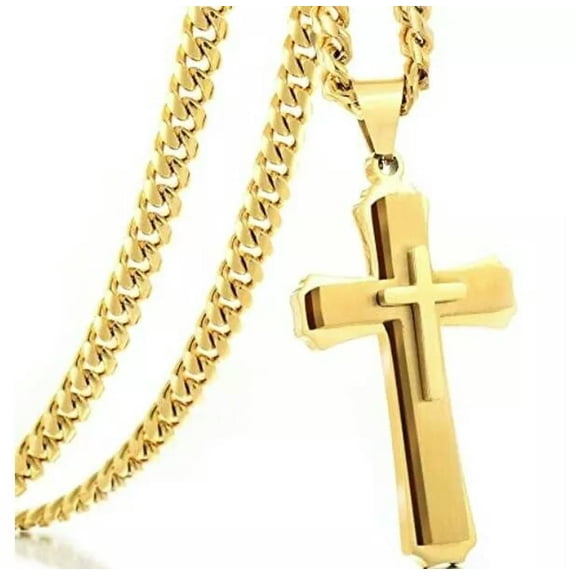 HOOUN Gold Stainless Steel Double Cross Pendant Necklace For Mens 5mm 24'' Curb Chain