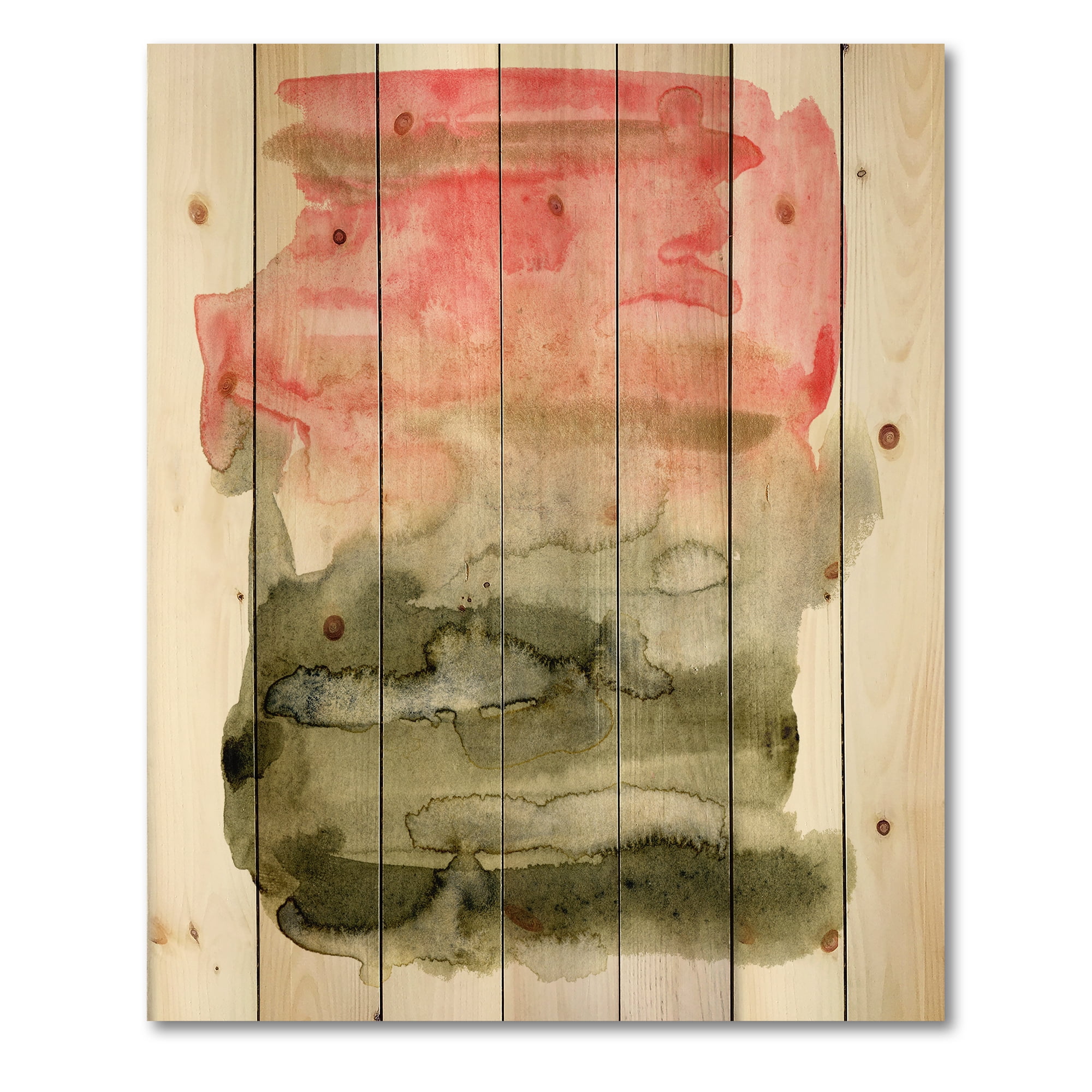 Designart 'Red Pink and Green Abstract Clouds' Modern Print on Natural Pine Wood