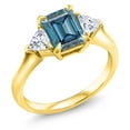 thumbnail image 2 of Gem Stone King 18K Yellow Gold Plated Silver Persian Blue Moissanite and White Moissanite 3-Stone Ring for Women (1.80 Cttw, 8X6MM Octagon and 3.5 Trillion, Gemstone Birthstone, Size 5), 2 of 4