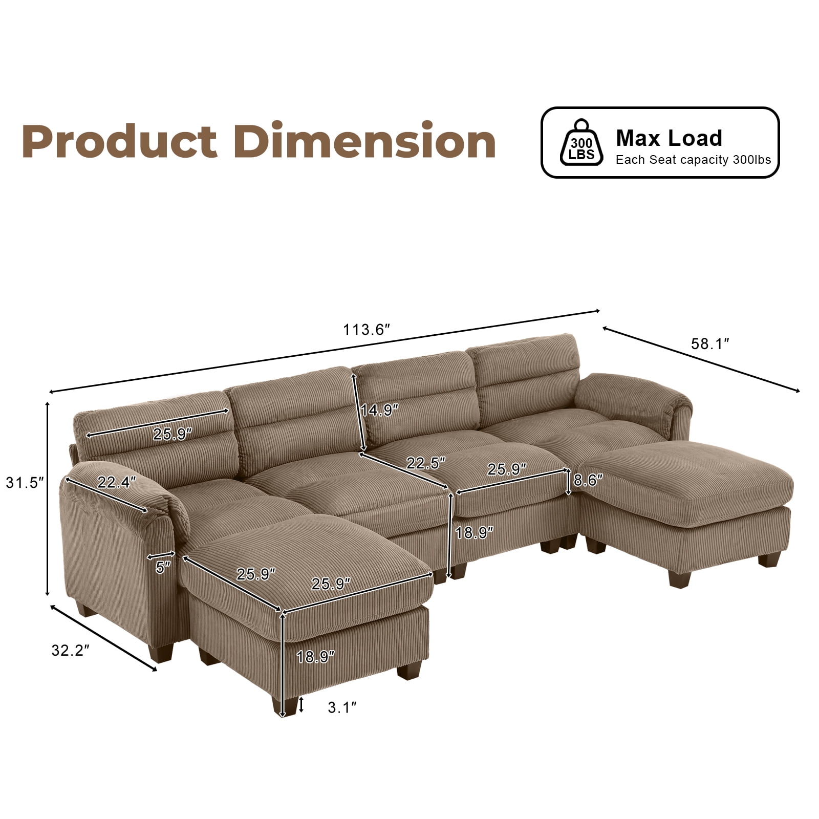 Bonzy Home Modular Sectional Sofa Couches for Living Room U-Shaped Sofa with Ottoman Brown