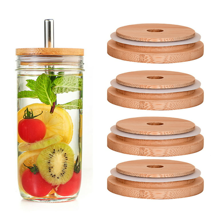 12 Pack Bamboo Mason Jar Lids with Straw Hole, Bamboo Lids for Beer Glass,  12 Reusable Stainless Steel Straw, 3 Straw Brushes and 1 Velvet Bag for