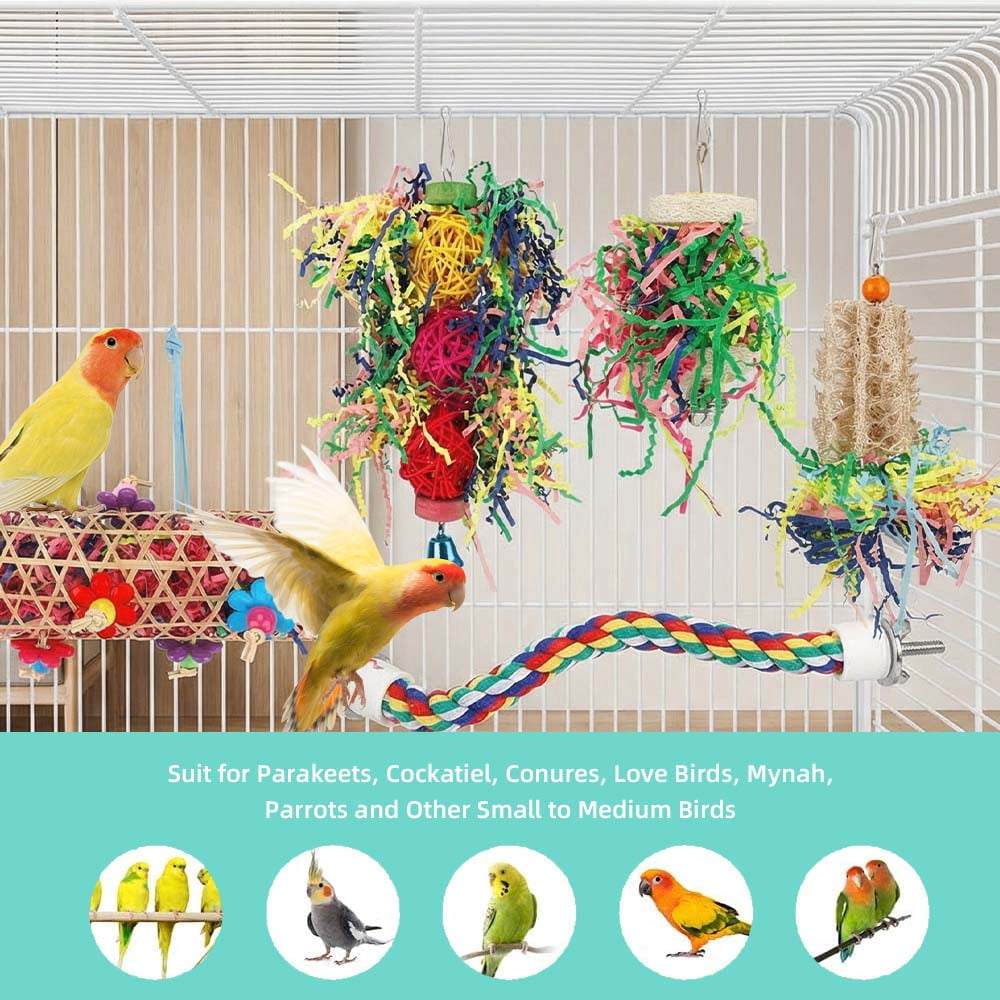 6 PCS Bird Toys - Foraging, Shredding & Hanging Toys, Shredding Parakeet Toys with Rope Perch