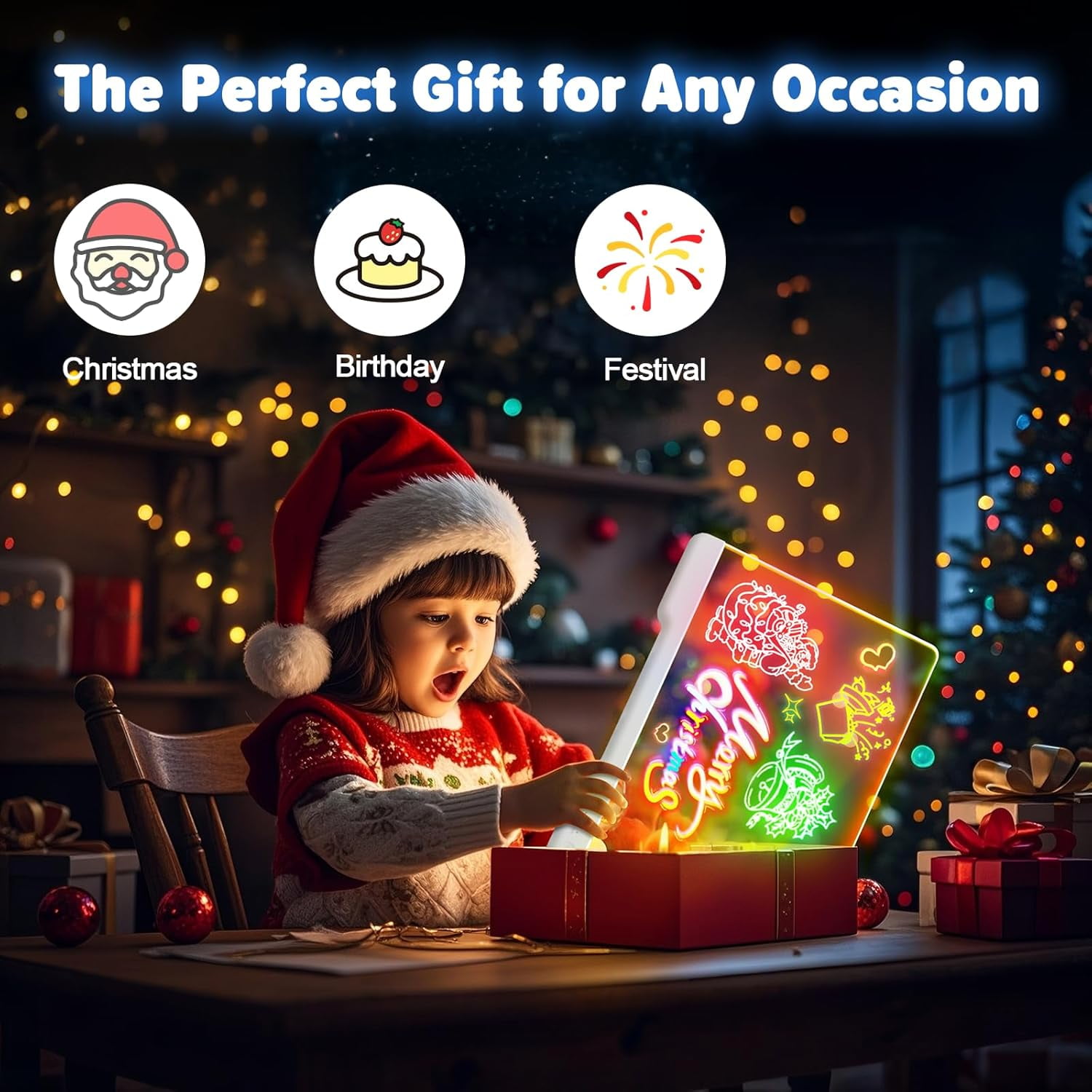 Rechargable "13.7"X10" LED Light-Up Dry Erase Board with 9-Color Neon Doodle Glow, Adjustable Lights Button & Stand - Night Light for Kids Room/Office/Gift, Includes 5 Markers (white)