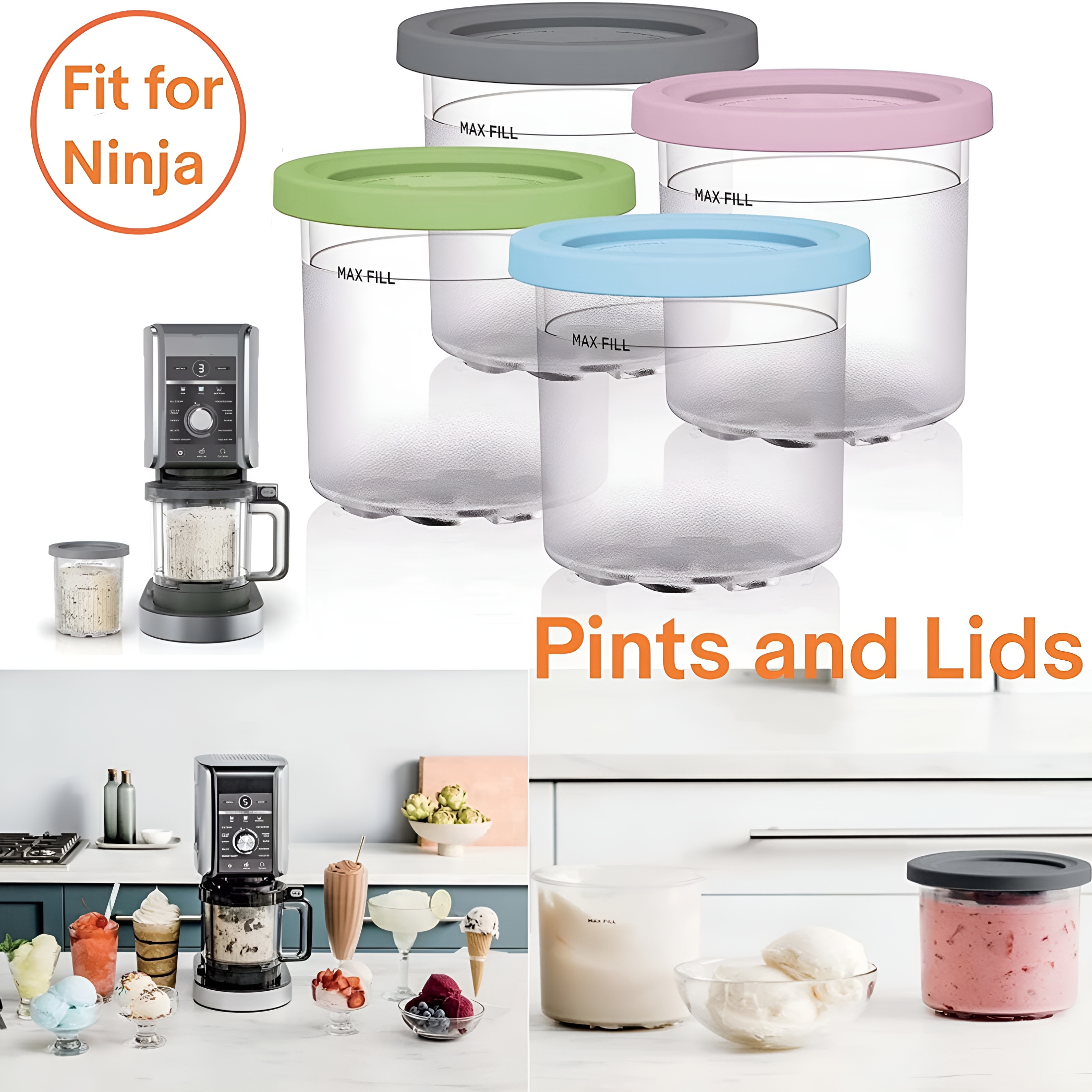 ACDANC 2026 New Ice Cream Pints Containers,4 Packs Cream Containers with Lids Replacements for Ice Cream Maker, for Storing Ice Cream, Homemade Treats, Desserts, Freezers, Meal Prep.