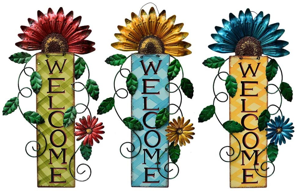 Amosfun Flower Welcome Sign Hello Front Door Hanging Wreaths Floral Hanging Wall Art Decoration for Farmhouse Entryway Home Front Porch Fence Decor