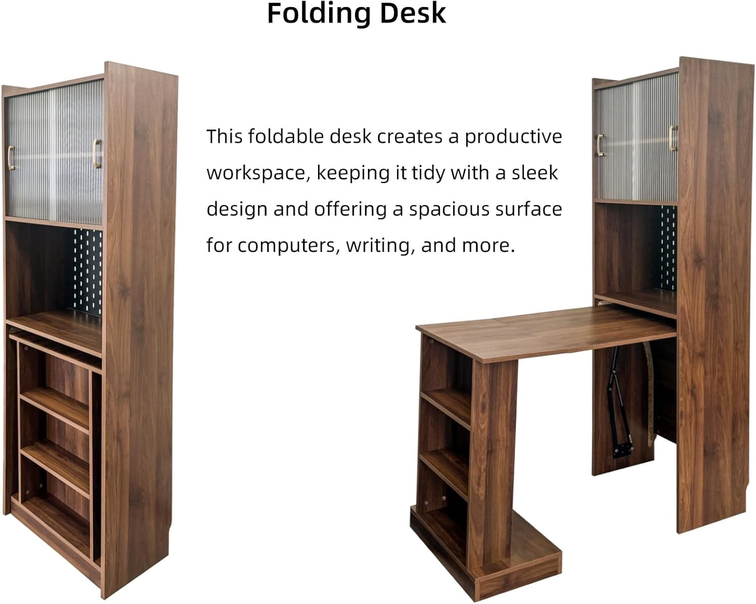I Folding Home Office Desks with Pegboard, Glass Doors, Bookshelf & Storage Shelves, Modern Wooden Computer Table Workstation for Work, Study, Writin