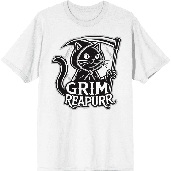 Black Cat Grim Reapurr Adult White Crew Neck Short Sleeve Tee-Medium