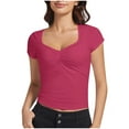 thumbnail image 2 of DDAPJ pyju Women's Twist Front V Neck T Shirts Short Sleeve Cropped Tops Slim Fit Y2K Going Out Top Hot Pink M, 2 of 3