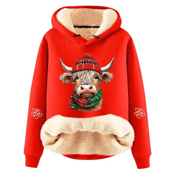 Women Christmas Outfit Adorable Cow Print Lined Hoodie Women Cozy Warm Long Sleeve Casual Fashion Sweatshirt For Winter Comfort Red 3XL