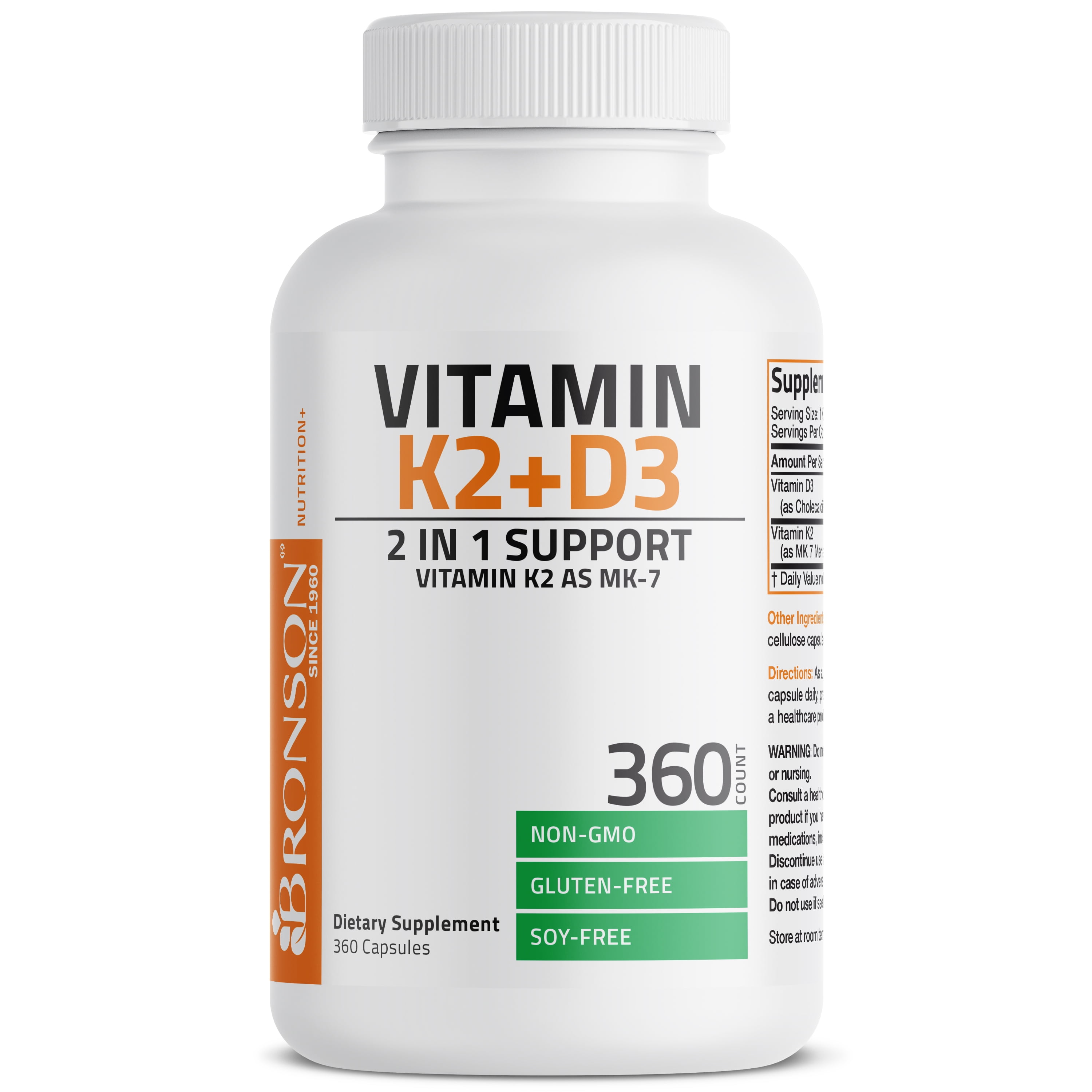Bronson Vitamin K2 (MK7) with D3 Supplement Bone and Heart Health Non GMO & Gluten Free Formula - Easy to Swallow, 360 Capsules