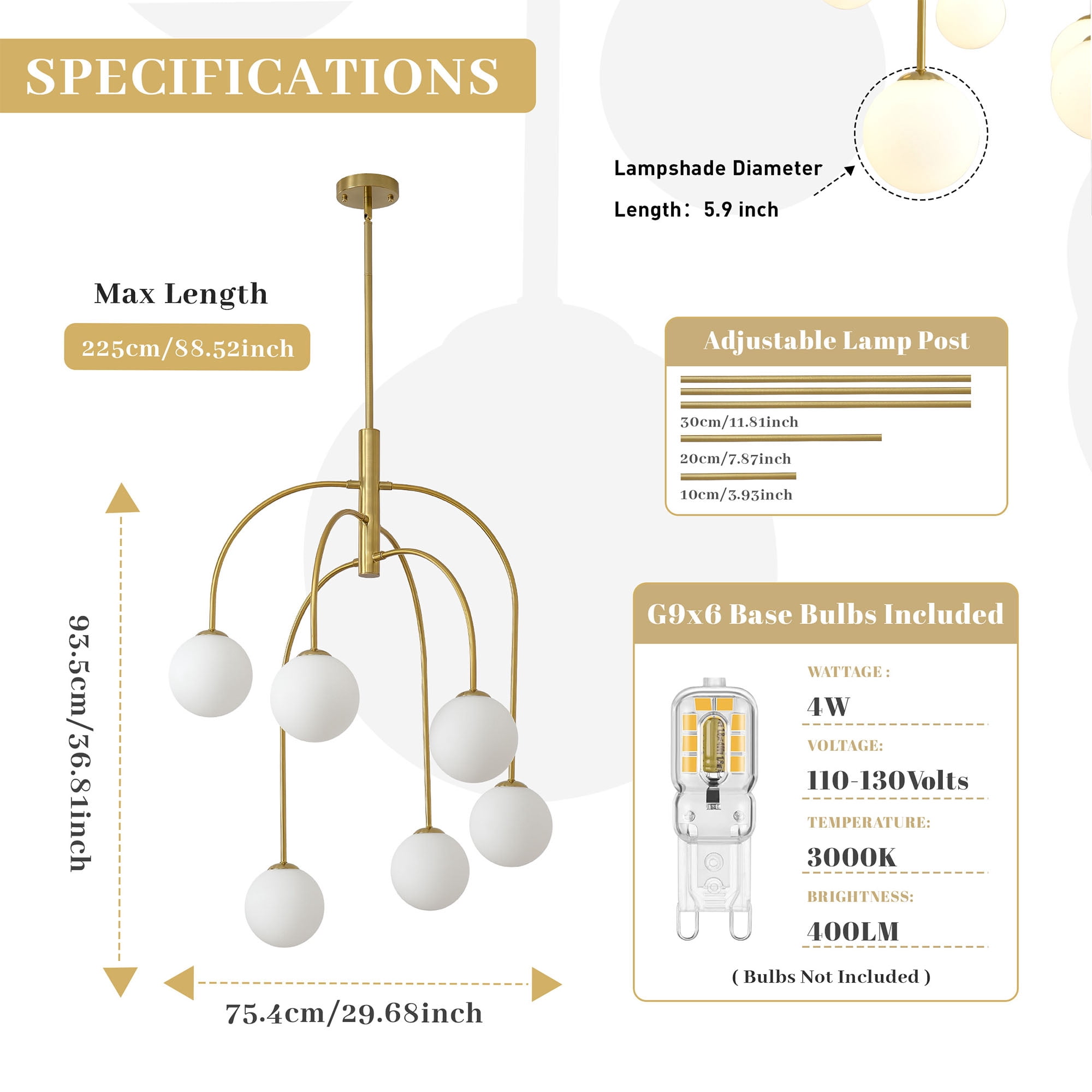6-Light Gold Sputnik Chandelier,Mid Century Modern Chandelier with Milk Glass Shades,Large Pendant Light Fixture for Dining Room Kitchen Island