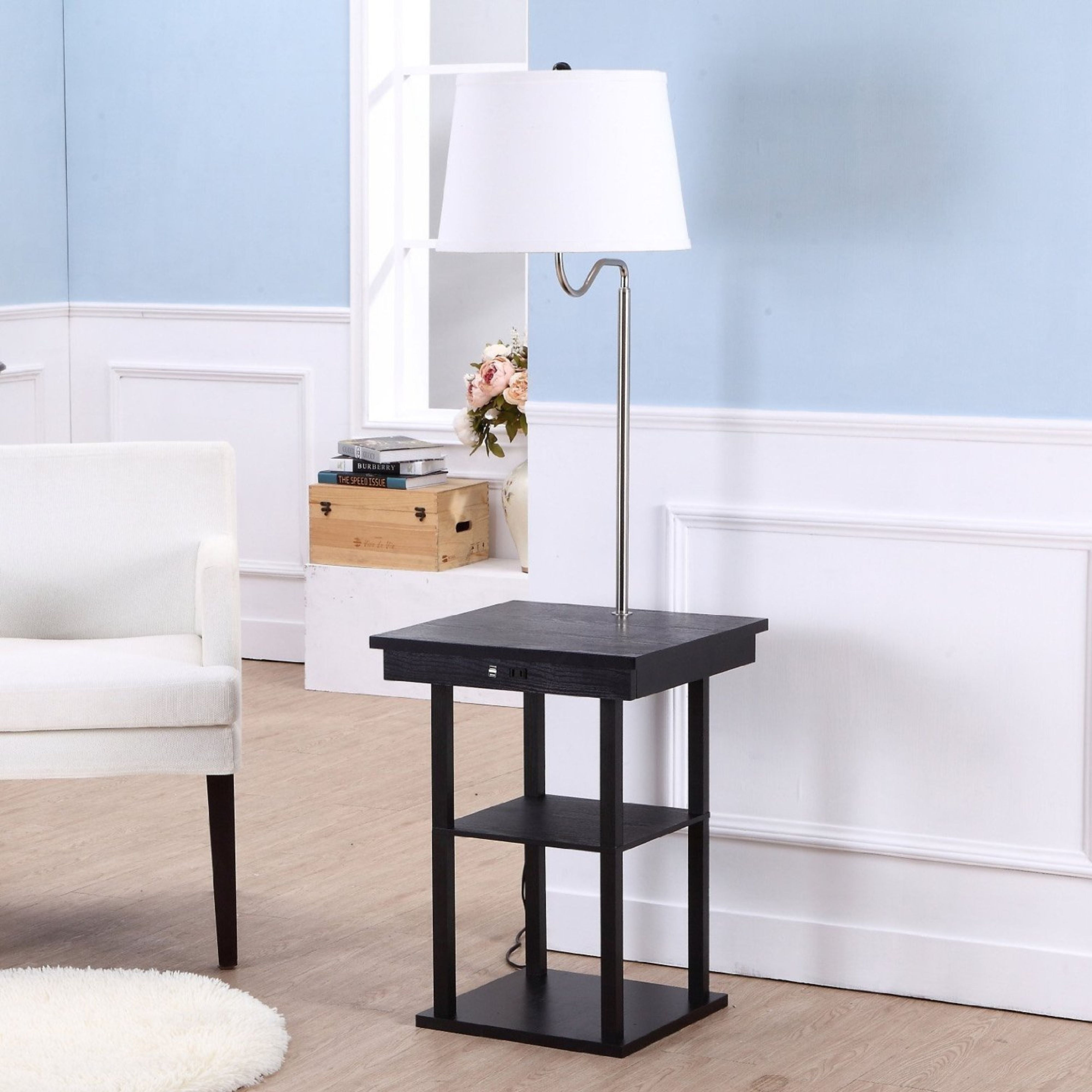 Brightech Madison Side Table with Lamp Set of 2 - LED Desk Lamp with USB Port, Bedside Reading Lamp, Modern End Table with Floor Lamp for Bedroom, Living Room, Office - Black with White Shade