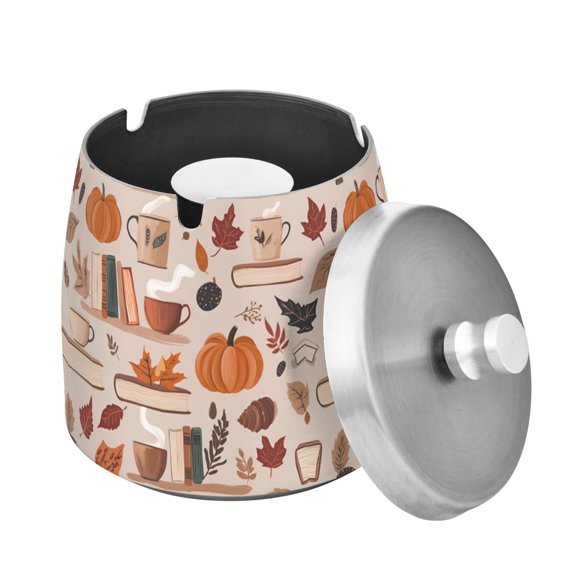 Yayeee Ashtray with Lid for Cigarette Smokeless Stainless Steel Home Ash Holder, Fall Acorns Pattern