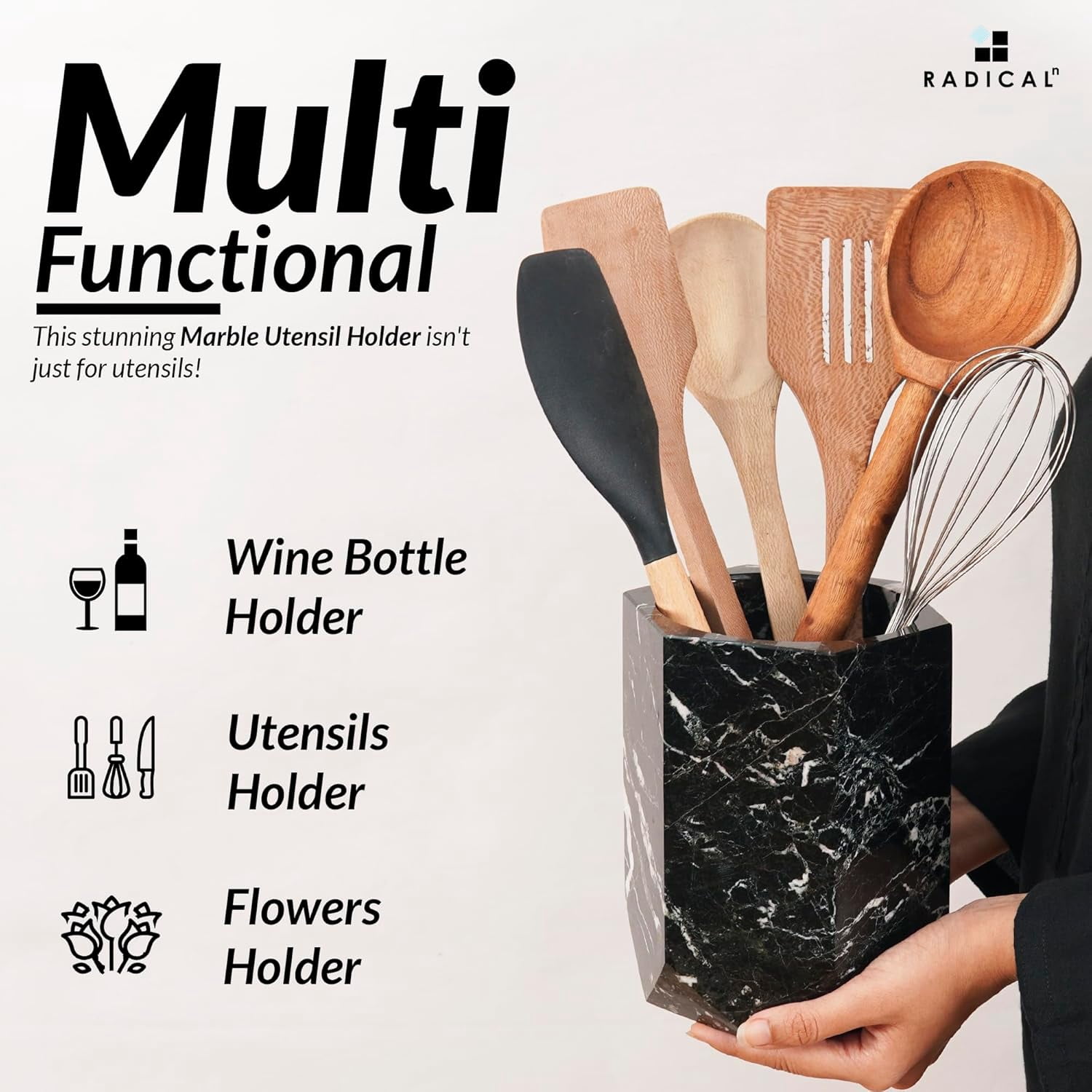 Radicaln Marble Utensil Holder 6.5" Black Handmade Kitchen Utensil Organizer – Durable Cooking Utensil Holder and Spoon Holder for Countertop, Modern Kitchen Décor & Everyday Utensil Caddy