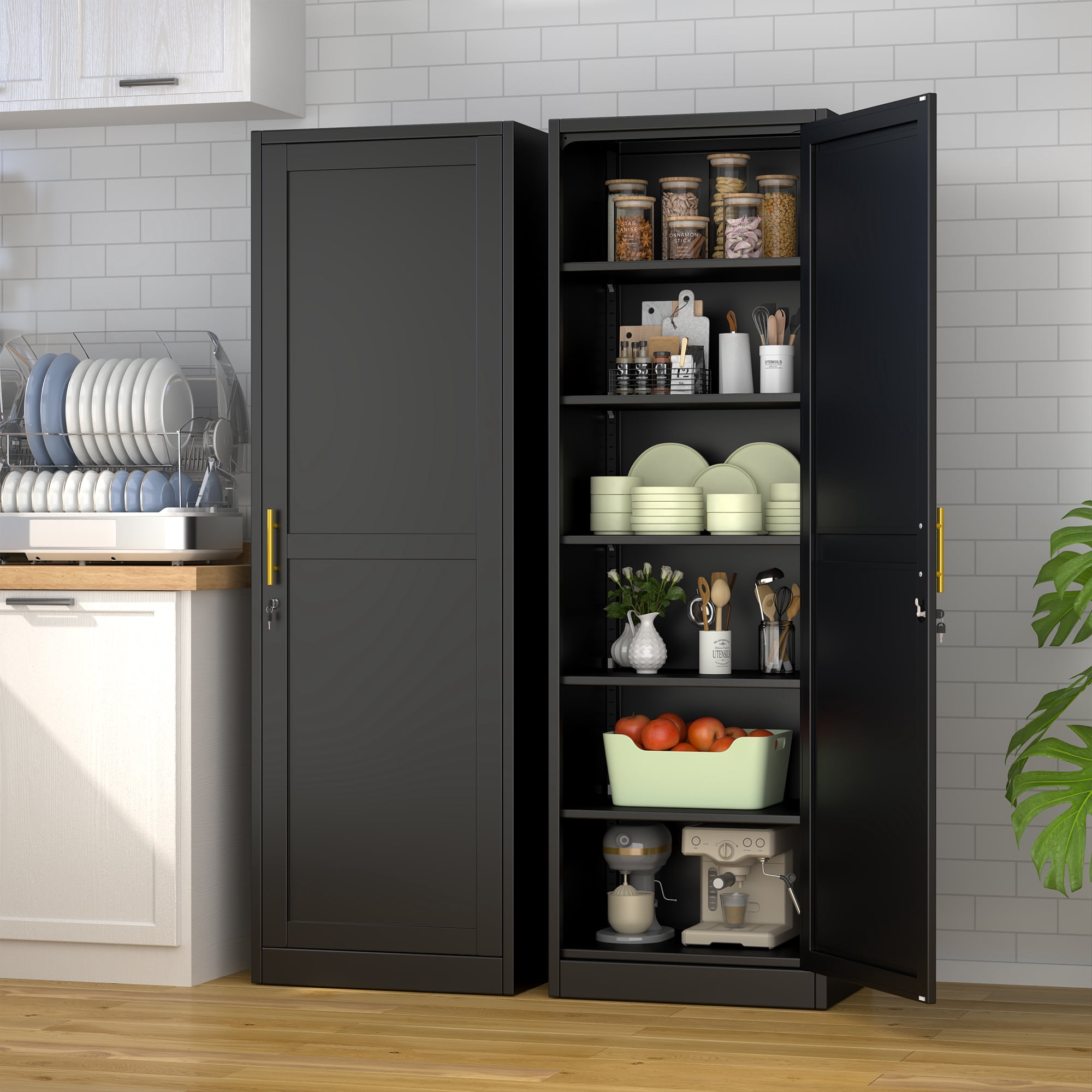 Ero 67" Metal Storage Cabinet with Lock, Tall Narrow Office File Cabinets with 1 Door & 5 Adjustable Shelves