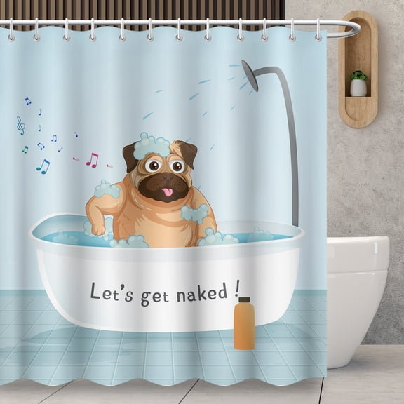 Blingpainting French Bulldog Shower Curtain, Cartoon Dog Taking a Bath in Tub Bathroom Curtains, Waterproof Fabric Decorative with 12 Hooks