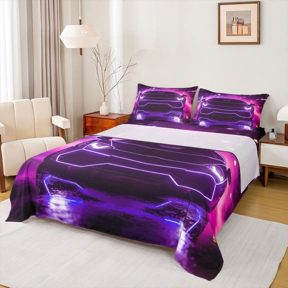 Castle Fairy Neon Sports Car Bed Sheets 4pcs for Teens, Purple City Glow King Sheets for Bedroom, Purple Black