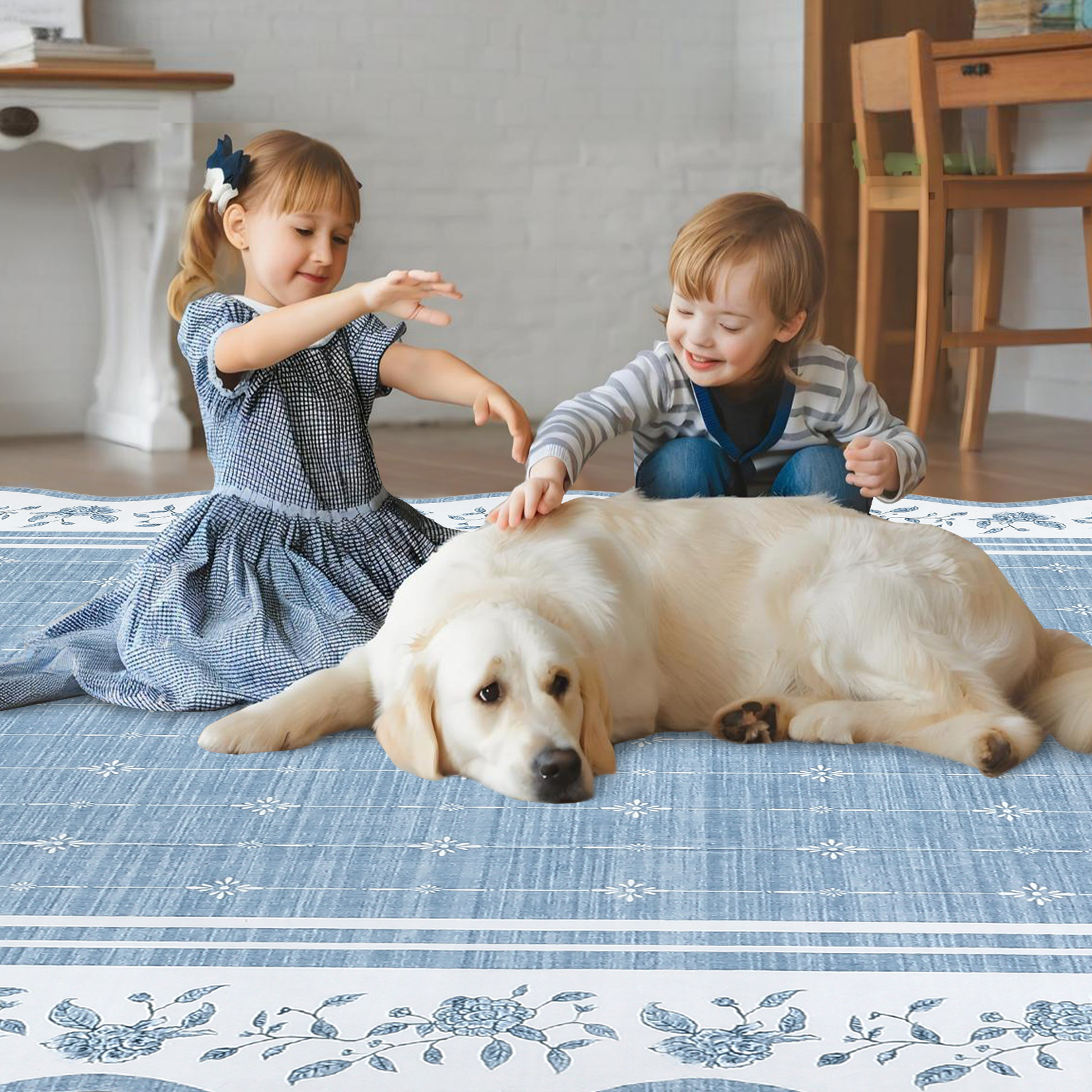 Garvee 2'x6' Scalloped Floral Rug Modern Farmhouse Carpet, Washable Rug with Non Slip Backing Soft Foldable Mat for Hallway Bedroom Kitchen, Blue