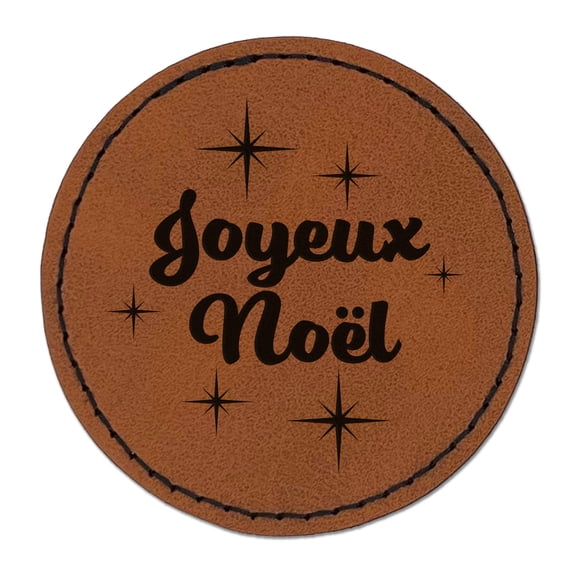 Joyeux Noel Merry Christmas French Starburst 2.5" Faux Leather Round Engraved Iron-On Patch - Brown