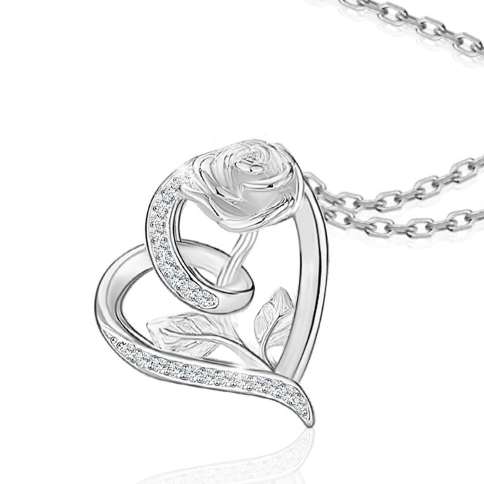 Flydeer Necklaces for Women 925 Sterling Silver Rose Flower Heart Pendant Necklace 5A CZ Valentines Jewelry Gifts for Women