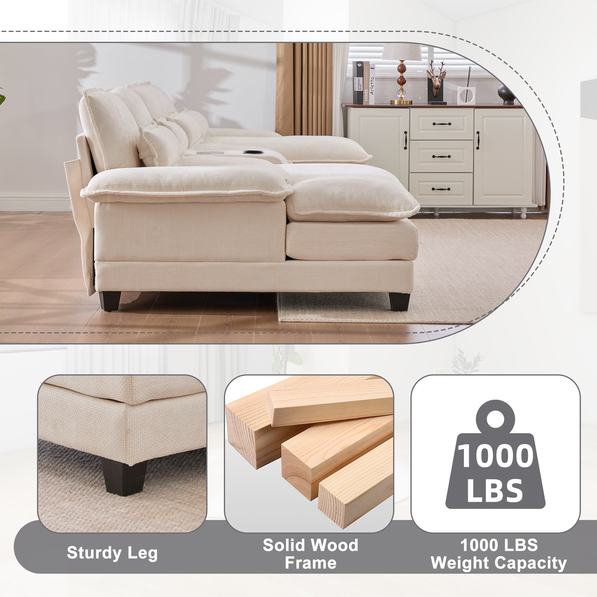 Villeston 126.77" U-Shaped Cloud Sofa With Chaise Lounge, Chenille Sofa With Wireless Charging, Bluetooth Speaker, Two Cup Holders, Storage Drawer, Suitable For Living Room,Beige