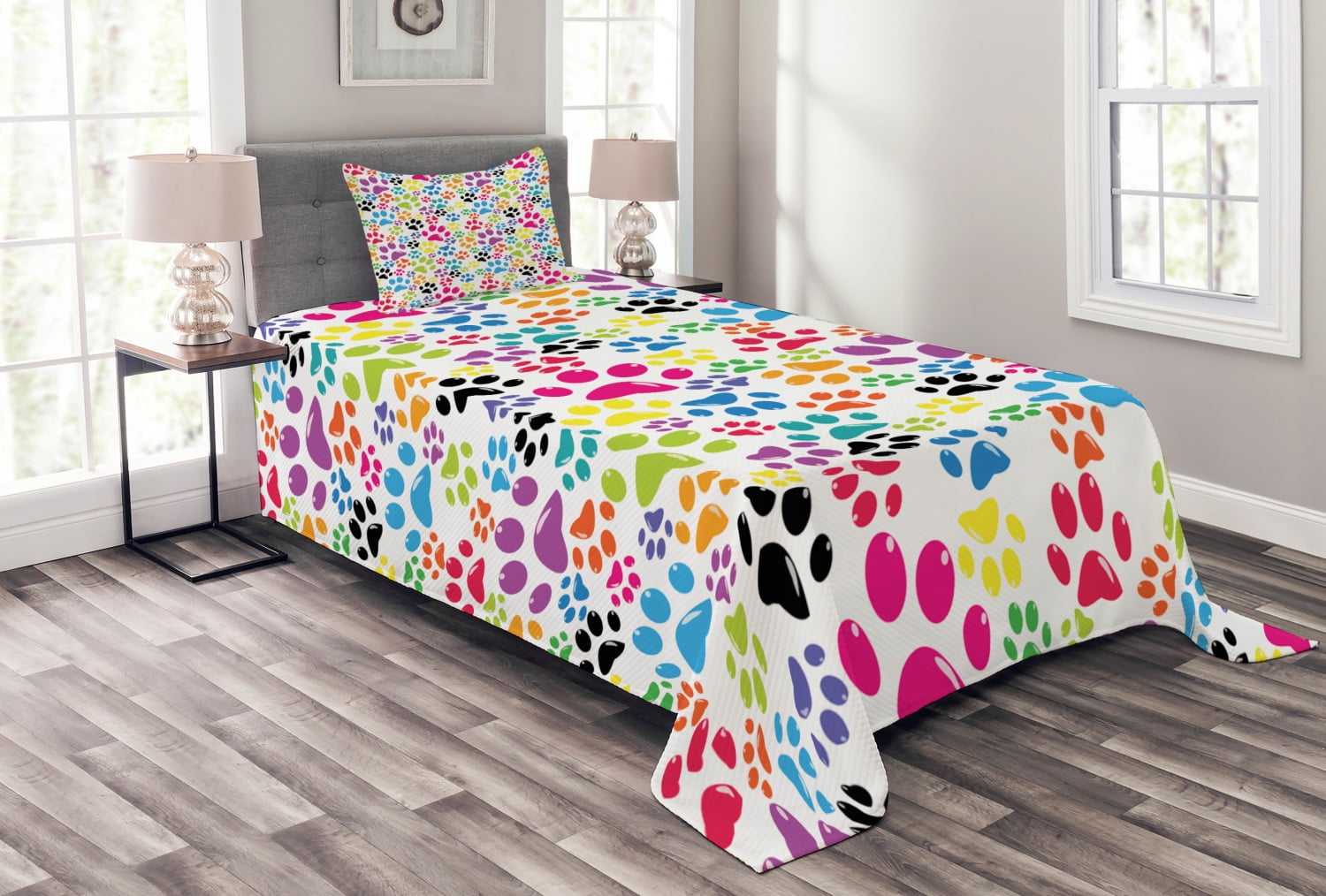 Dog Bedspread Set Twin Size, Colorful Little Paws Cute Steps Childish