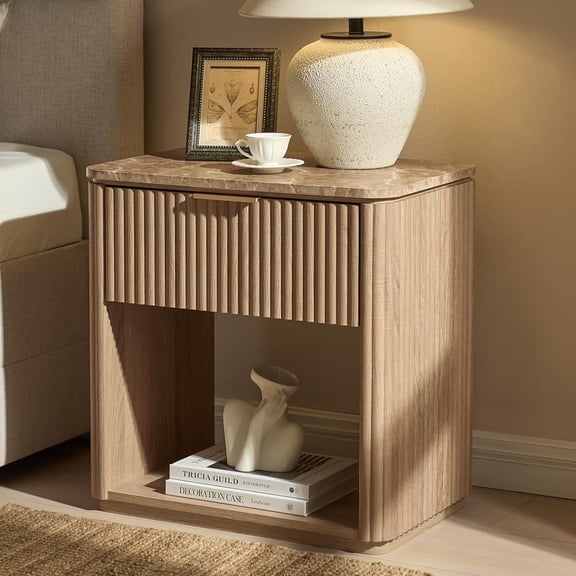 Hvoonc Fluted Nightstand with Drawer, Solid Wood & Faux Marble Bedside Table, Modern Accent Furniture for Bedroom, Natural Oak