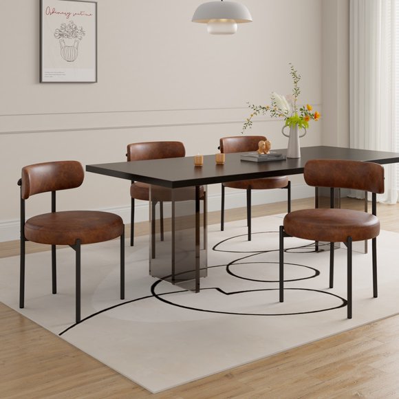 Hawsaiy Dining Chairs Set of 4, Round Boucle Dining Room Chairs with Curved Backrest & Thick Cushion, Mid-Century Modern Upholstered PU Leather Kitchen Side Chairs with Metal Legs, Brown