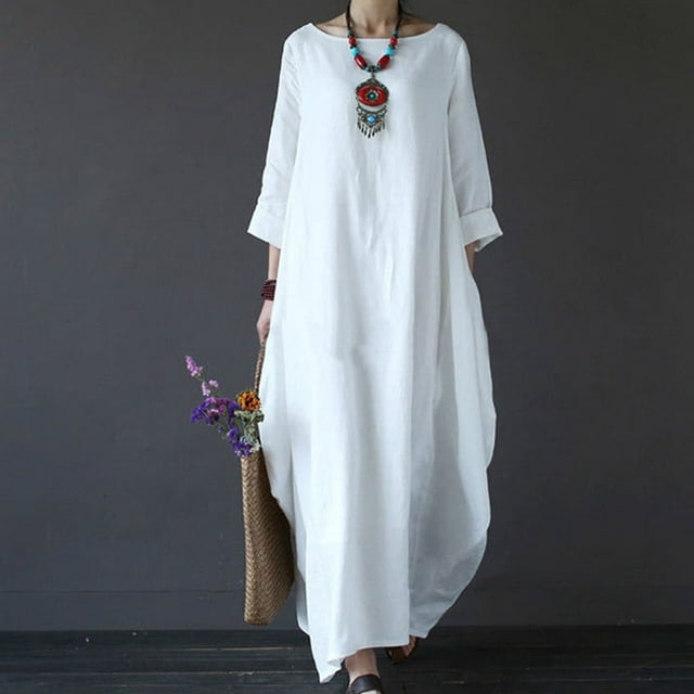 CHOK Robe Maxi d'Été en Coton et Lin à Manches Courtes pour Femmes, Grande Taille, Décontractée, Col Rond, Ample, Longue