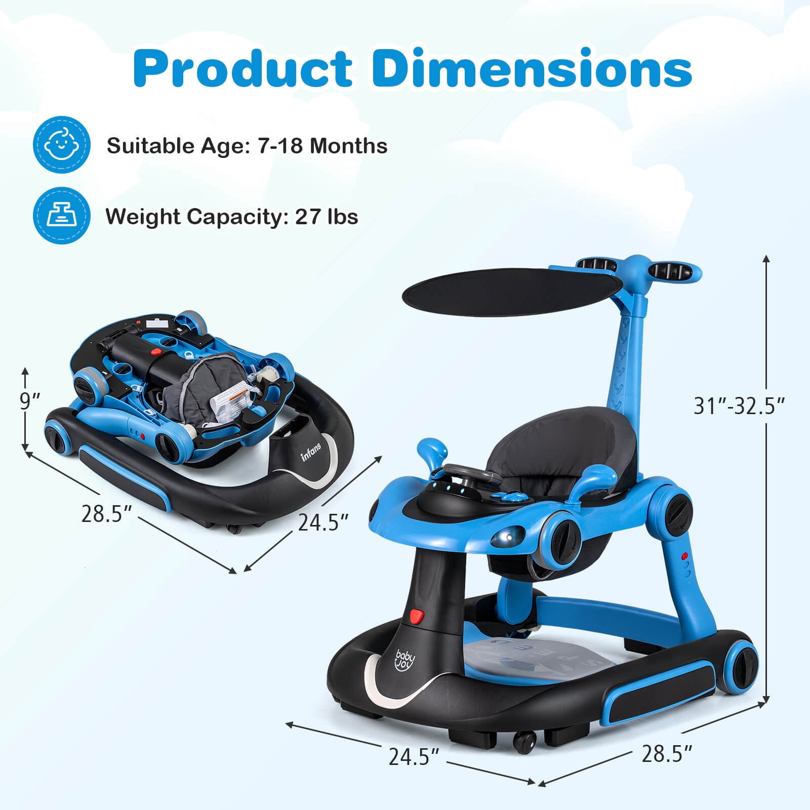 Babyjoy 6-in-1 Baby Walker with Canopy, Music, Lights, Speed/Height Adjustment & Wheels Blue + Black