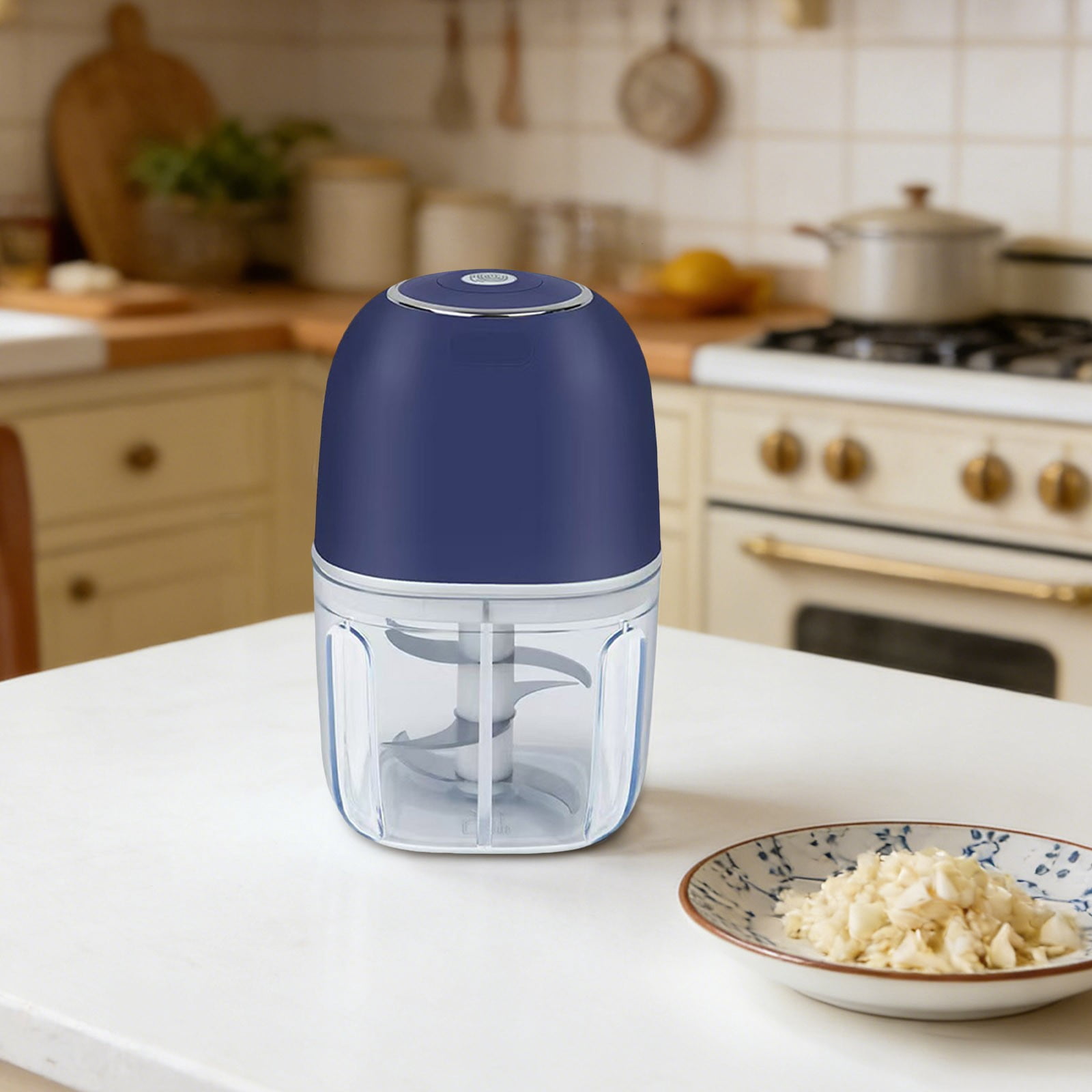 VMWMSSR High-Efficiency Garlic Chopper Electric, Easy Clean Mini 350Ml Food Processor, One-Touch Design Stainless Steel Blade Food Grinder For Kitchen, Camping & Travel Use Blue-14cm