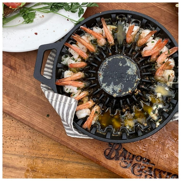 WBTAYB 7423 Pre-Seasoned Cast Iron Shrimp Pan for Cooking and Serving Holds  24 Jumbo Shrimp 