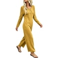 thumbnail image 3 of Womens Jumpsuits Knit Button Long Sleeve Jumpsuit Waffle Casual Round Neck Wide Leg Romper With Pockets Fall Winter Daily Wear, 3 of 7