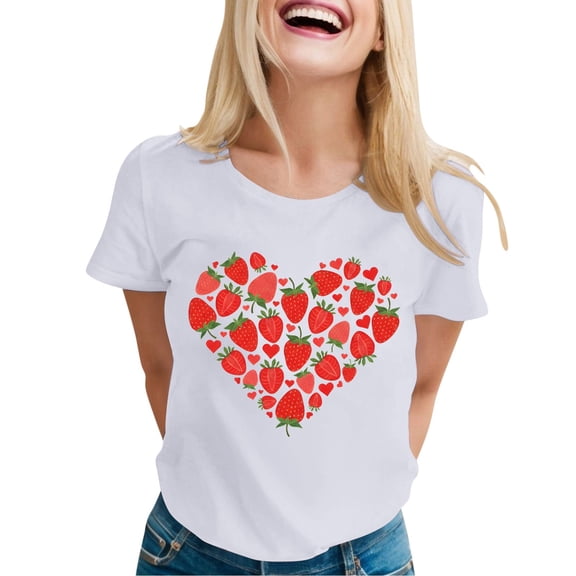 Wang6 Womens Plus Size Graphic T Shirts Trendy Summer Short Sleeve Tops Causal Strawberry Printed Crew Neck Tees 0624liWhite XL
