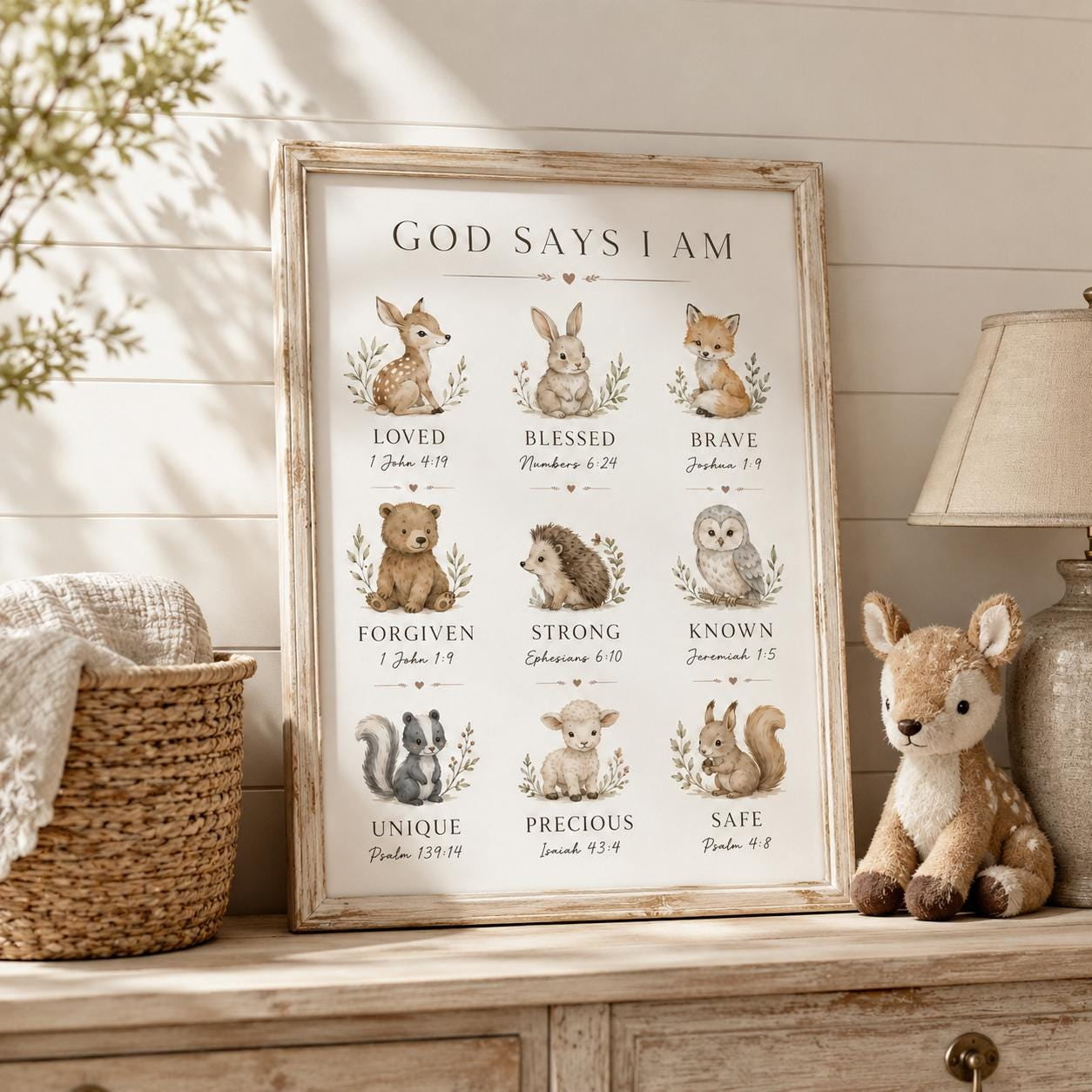 God Says I Am Nursery Print Christian Nursery Wall Art Bible Verse Baby Room Decor Woodland Animal Scripture
