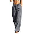 thumbnail image 2 of Karymi Wide Leg Pants Woman Linen Blend Wide Leg Pants, Elastic Drawstring Waist Casual Loose Trousers with Pockets, Solid Lightweight Flowy Pants Jeans for Women, 2 of 6
