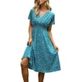 thumbnail image 6 of Women Summer Floral Print V-Neck Dress Short Sleeve High Waist Midi Slim-Fit A-Line Dresses Beach Streetwear, 6 of 13