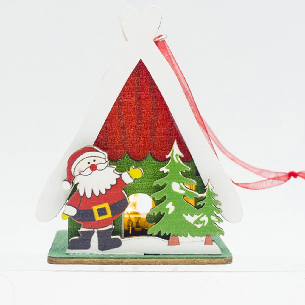 Christmas Cute Led Light Wood House Xmas Tree Hanging Ornaments Holiday Decor 
