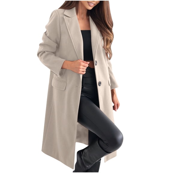 Women's Fall and Winter Casual Coat with Suit Collar Solid Cardigan Button Front Long Sleeve