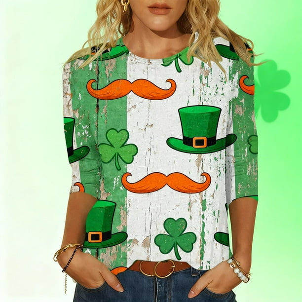 Xuyuer Women St Patricks Day Sweatshirts Lucky Clover Blouse Irish Shamrock Pullover 3/4 Sleeves Graphic Tops
