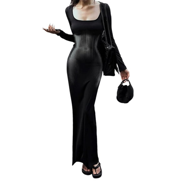 Women'S Square Neck Long Sleeve Maxi Dress Ribbed Bodycon Dresses for Women Soft Lounge Dress Black S