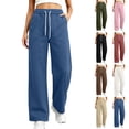 thumbnail image 2 of Qingpeng Womens Curved Seam Wide Leg Sweatpants Drawstring High Waist Loose Casual Solid Color Long Pants with Pockets, 2 of 7