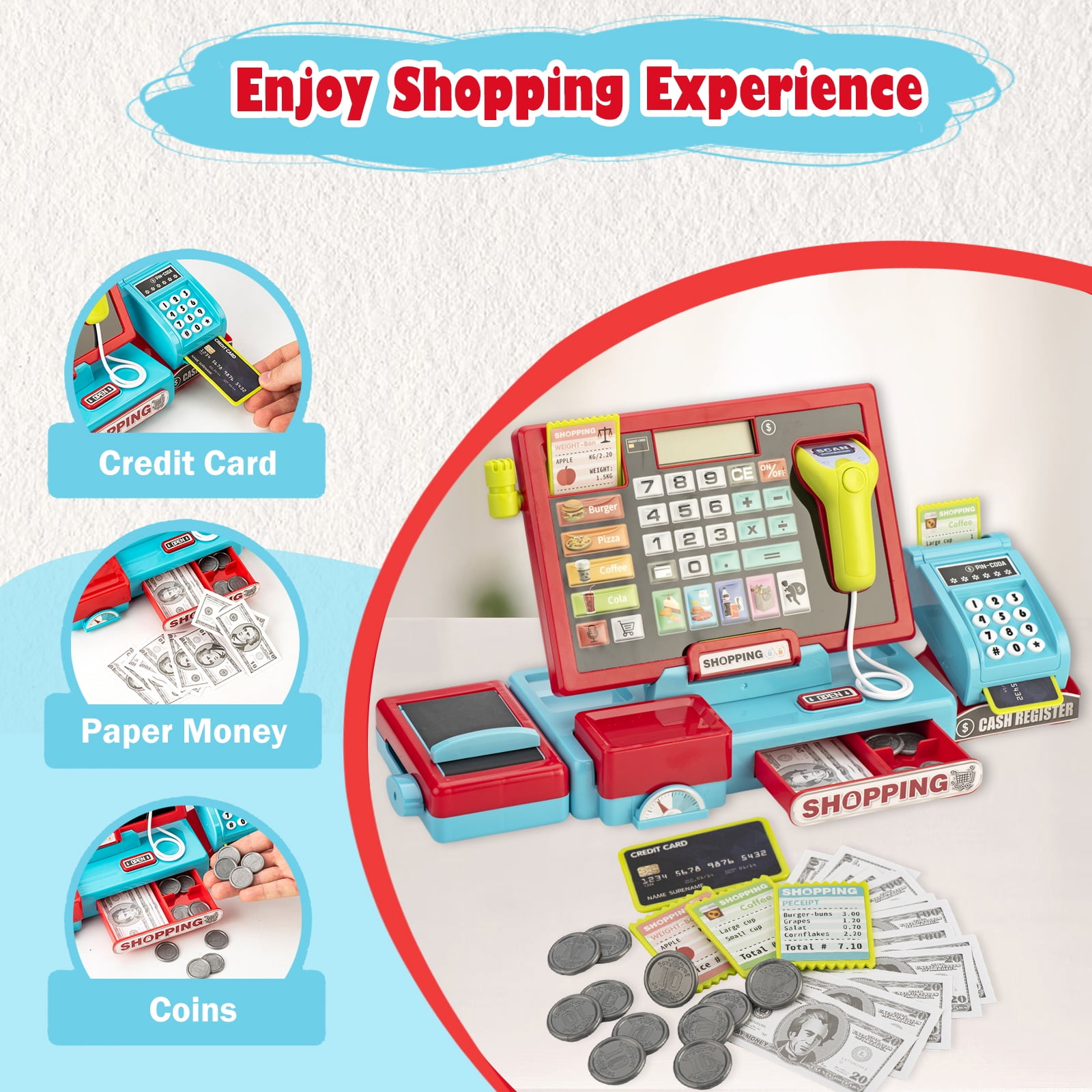 Interactive Kids Cash Register with Real Calculator & Scanner | Pretend Play Store with Music, Food & Shopping Cart | Educational Toy Gift for Ages 3-8 (Red & Blue)